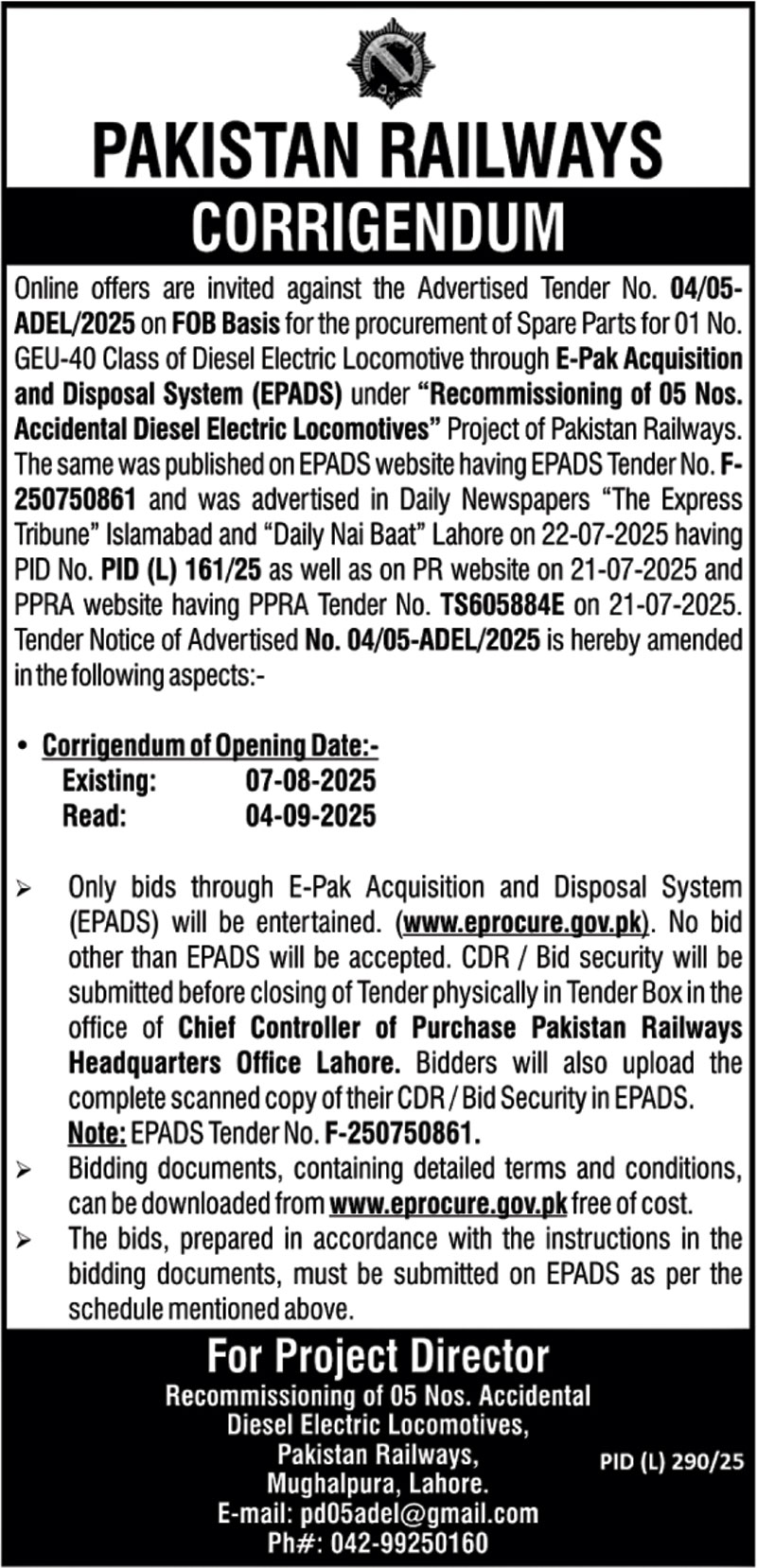 Pakistan Railways Lahore Tender Notice